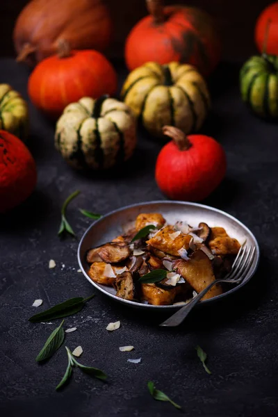 Citrouille Gnocci Avec Champignon Sauvage Style Rustic Selective Focus — Photo