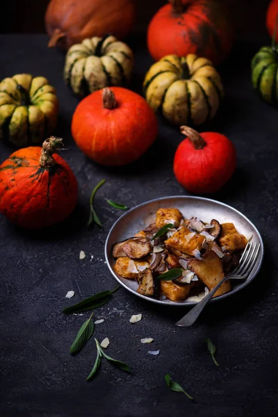 Citrouille Gnocci Avec Champignon Sauvage Style Rustic Selective Focus — Photo