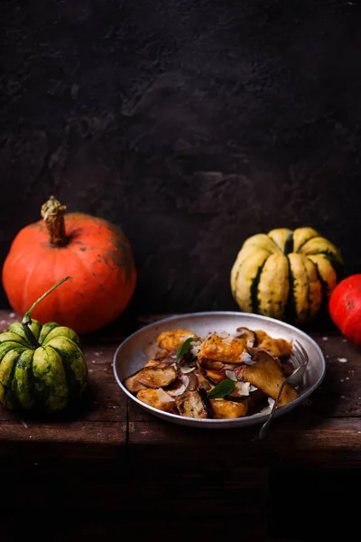 Pumpkin Gnocci Wild Mushroom Style Rustic Selective Focus — Stock Photo, Image