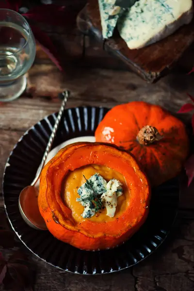 Sopa Abóbora Pêra Com Queijo Azul Estilo Rustic Selective Foco — Fotografia de Stock