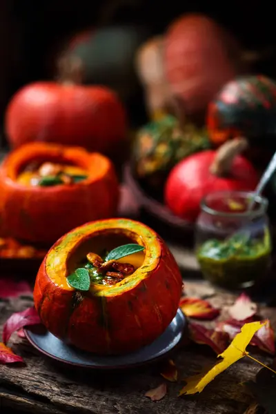 Pumpkin Soup Sage Pesto Style Rustic Selective Focus — Stock Photo, Image