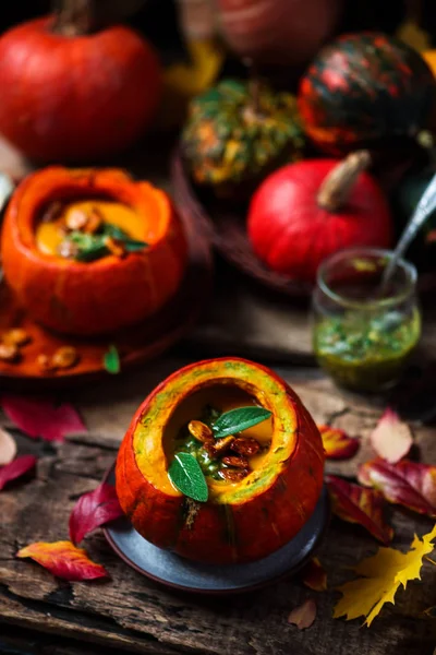 Pumpkin Soup Sage Pesto Style Rustic Selective Focus — Stock Photo, Image