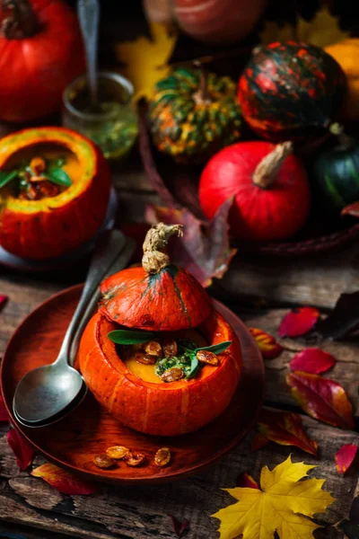 Zuppa Zucca Con Pesto Salvia Style Rustic Selective Focus — Foto Stock