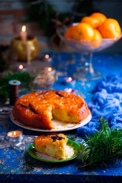 Tangerine Ondersteboven Cake Rustic Style Selective Focus — Stockfoto