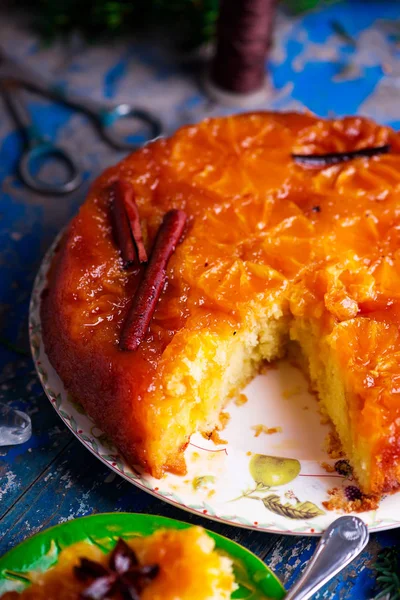 Mandarine Auf Den Kopf Gestellt Cake Rustic Style Selektiver Fokus — Stockfoto