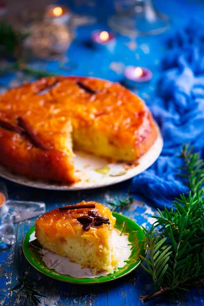 Tangerine Ondersteboven Cake Rustic Style Selective Focus — Stockfoto