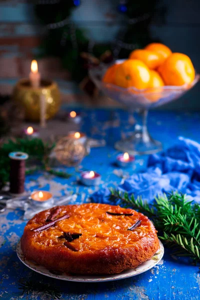 Tangerine Ondersteboven Cake Rustic Style Selective Focus — Stockfoto