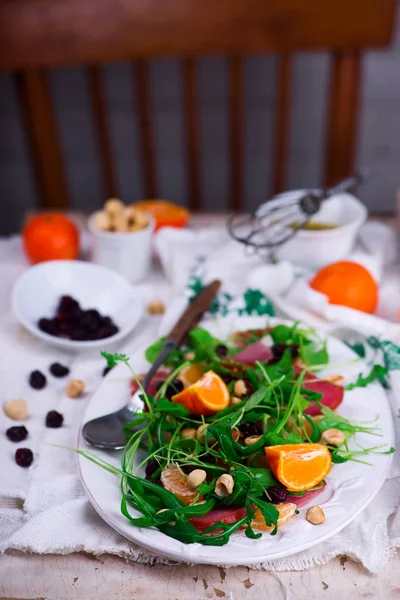 Salada Agrião Presunto Clementina Dressing Selective Foco — Fotografia de Stock