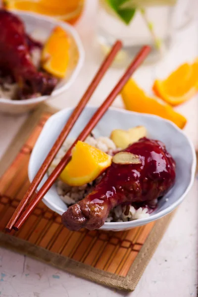 Thai Chicken Chili Orange Sauce Rice Style Rustic Selective Focus — Stock Photo, Image