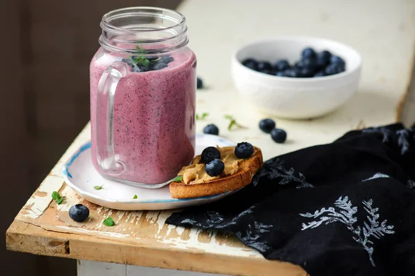 Blueberry Smoothie Peanut Butter Toast Selective Focus — Stock Photo, Image