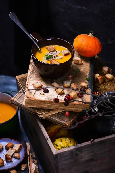 Pompoen Crème Soep Met Foie Gras Style Rustic Selective Focus — Stockfoto