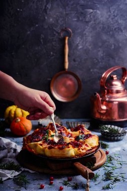 Kabak, Brie ve karamelize soğan rulo kızılcık sır ile. rustik tarzı. seçici odak