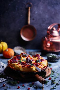 Kabak, Brie ve karamelize soğan rulo kızılcık sır ile. rustik tarzı. seçici odak