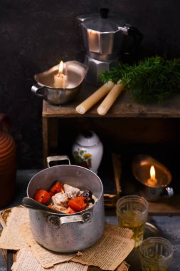 Tavuk battaniye ile kabak ve mushrooms.style vintage.selective odak