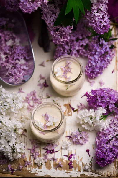 DESSERTO DI CREMA VECCHIA FASHIONED POSSET DI LILAC DI MIELE — Foto Stock