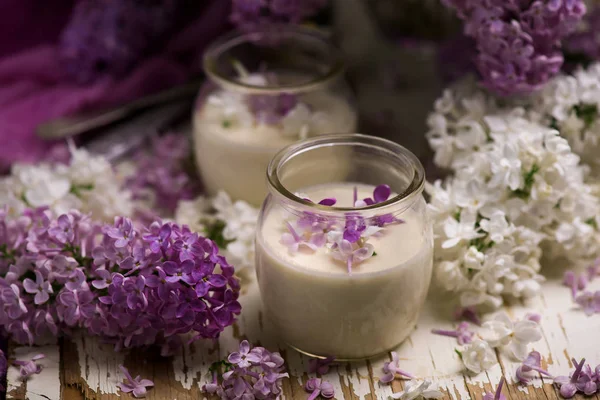 DESSERTO DI CREMA VECCHIA FASHIONED POSSET DI LILAC DI MIELE — Foto Stock