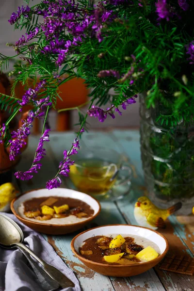 Farina d'avena al cioccolato con frutta — Foto Stock