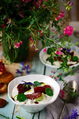 Tzatziki kurutulmuş sığır eti.stil rustik.seçici odak ile
