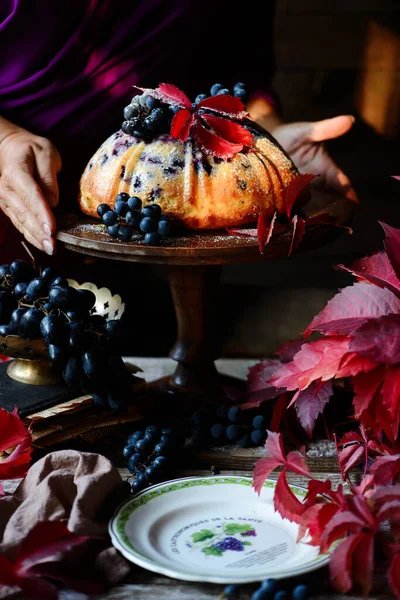 가을 디오르가 있는 포도 분말 케이크. .. 스타일 이 소박하다. — 스톡 사진