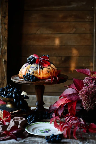 가을 디오르가 있는 포도 분말 케이크. .. 스타일 이 소박하다. — 스톡 사진
