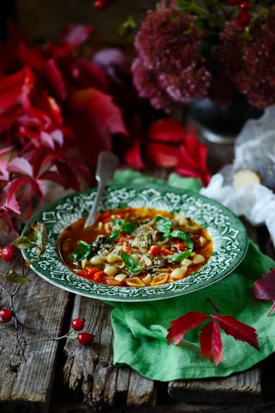 イタリアのミネストローネ野菜スープスタイル素朴な — ストック写真