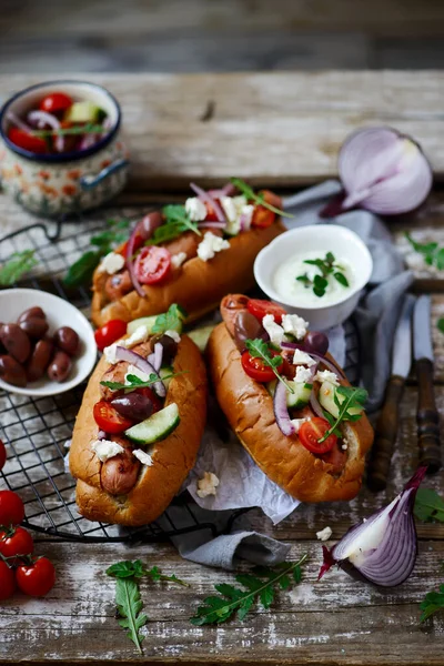 Řecké hot dogy.. styl rustikální — Stock fotografie