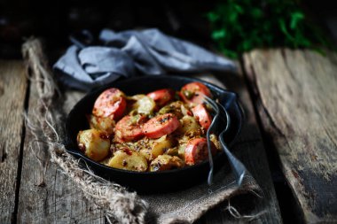 Demir panoda hardal kremalı Alman tavası. Seçici odak noktası.