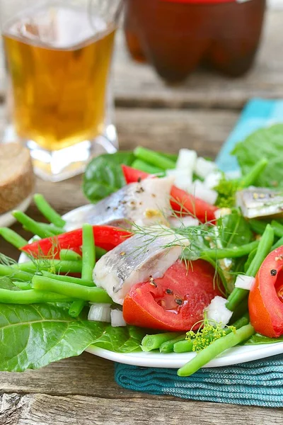 Herring Beans Salad Style Rustic Selective Focus — Stock Photo, Image