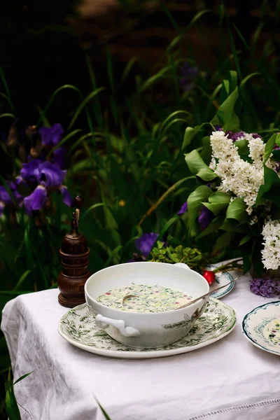 Okroshka Une Soupe Froide Russe Traditionnelle Sur Une Table Posée — Photo