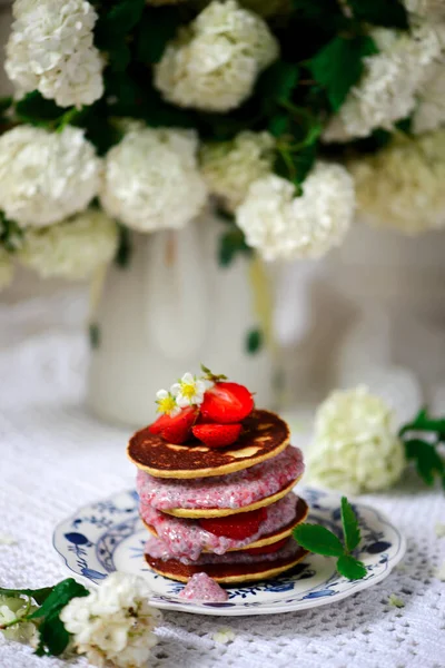 Pancakes Strawberry Chia Sauce Style Vintage Selective Focus — Stock Photo, Image