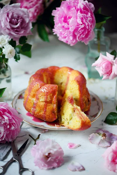 Rhabarber Deutsche Band Kuchen Stil Vintage Selektiver Fokus — Stockfoto