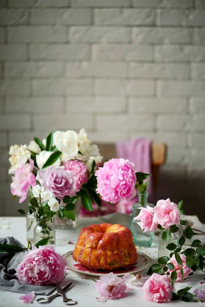 Torta Rabarbaro Banda Tedesca Stile Vintage Focus Selettivo — Foto Stock