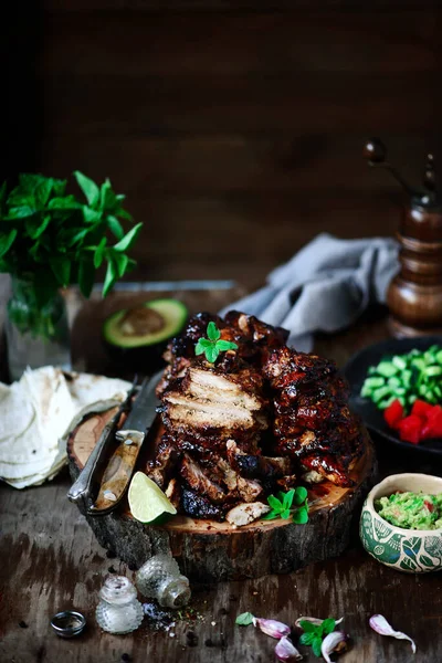 Carne Asada Плоским Хлібом Салатом Style Rustic Selective Фокус — стокове фото