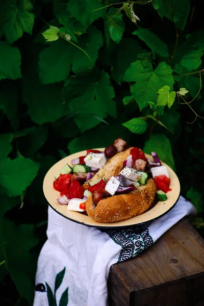 Hot Dogs Grecs Dans Jardin Style Rustic Selective Focus — Photo