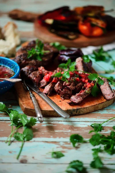 Filete Parrilla Con Salsa Chimichurri Style Rustic Selective Focus —  Fotos de Stock