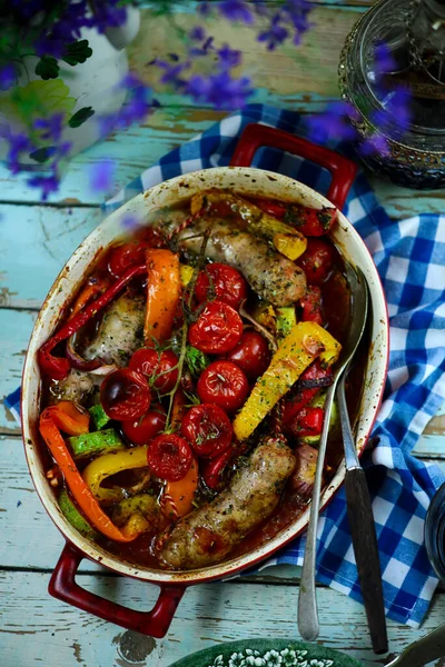 Salchicha Ratatouille Vendimia Plate Style Rustic Selective Focus — Foto de Stock