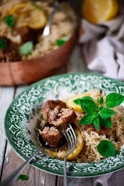 Greek Lamb Meatball Rice Style Rustic Selective Focus — стокове фото