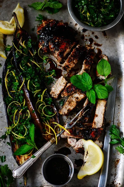 Grilled Pork Chops Eggplant Style Rustic Selective Focus — Stock Photo, Image