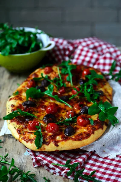 Pizza Margherita Pohled Shora Selektivní Zaměření — Stock fotografie