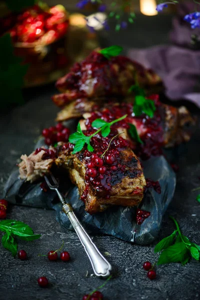 Bbq Pork Ribs Red Currant Sauce Style Rustic Selective Focus — Stock Photo, Image