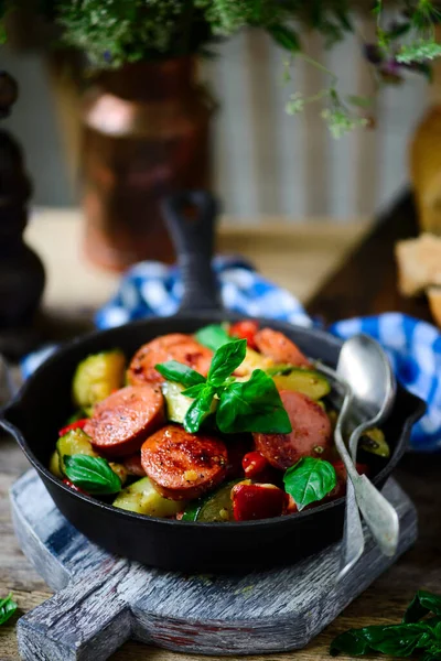 Sausage Zuccini Skillet Iron Pan Selective Focus — Stock Photo, Image