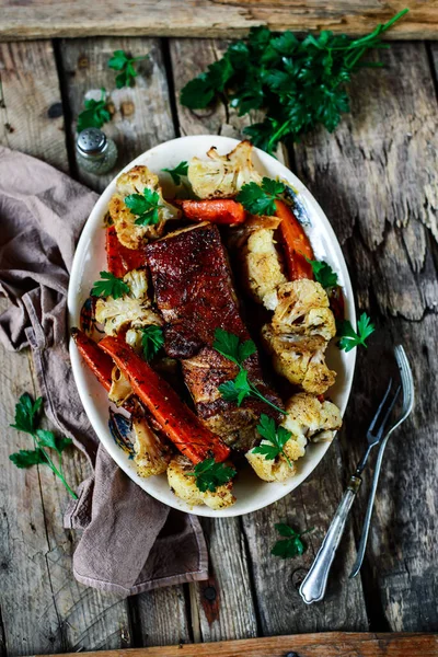 Pork Ribs Cauliflower Carrots Style Rustic Selective Focus — Stock Photo, Image