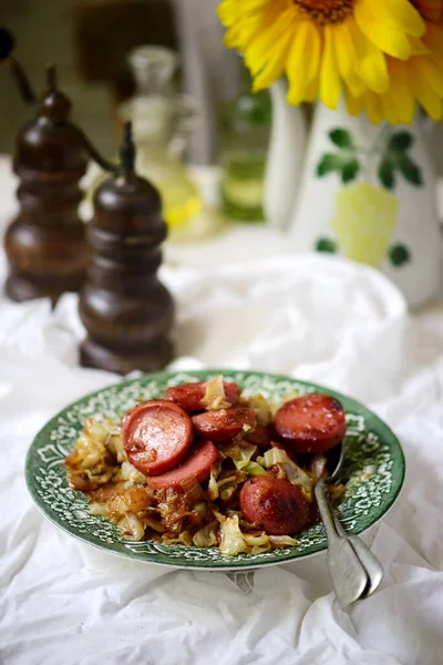 Sausages Cabbage Style Rustic Selective Focus — Stock Photo, Image