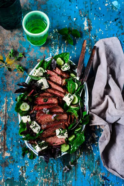 Steak Feta Salad Greens Style Rustic Selective Focus — Stock Photo, Image