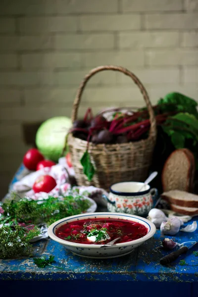 Ukrainska Borsch Traditionell Soppa Style Rustik Selective Fokus — Stockfoto