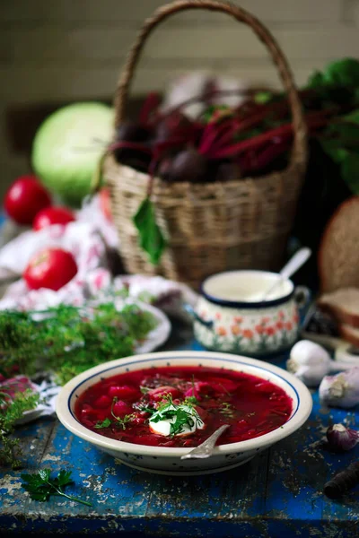 Украинский Борщ Традиционный Суп Style Rustic Selective Фокус — стоковое фото