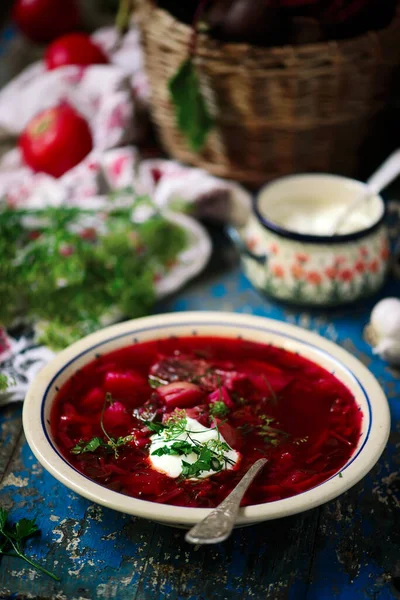 Ukrayna Borsch Geleneksel Çorba Style Rustic Seçici Odak Noktası — Stok fotoğraf