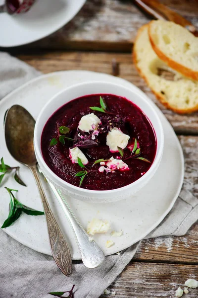 Sopa Remolacha Con Queso Feta Style Rustic Selective Focus —  Fotos de Stock