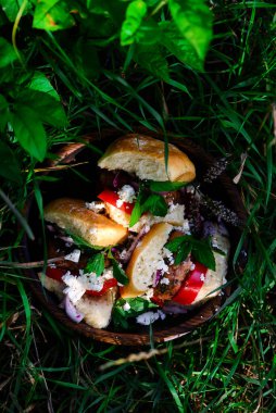 Domates Basili Hindi Burgerleri. Tarz kırsal. Seçici odak noktası