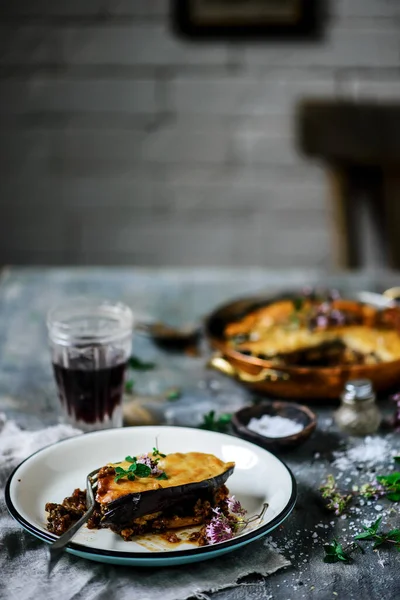 Greek Moussaka Frying Pan Style Rustic Selective Focus — Stock Photo, Image